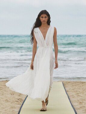 Massimo Dutti White Plissé V-Neck Maxi Dress